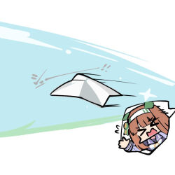  >_< 1girl animal_ears blue_sky bow brown_hair chibi chibi_inset closed_eyes hairband horse_ears kawamochi_(tddm3573) long_hair long_sleeves open_mouth puffy_long_sleeves puffy_sleeves purple_shirt school_uniform shirt silence_suzuka_(umamusume) sky solo tracen_school_uniform translation_request umamusume wavy_mouth white_bow white_hairband 