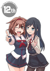 2girls alternate_hair_length alternate_hairstyle anniversary asashio_(kancolle) asashio_kai_ni_(kancolle) black_dress black_gloves black_hair black_pantyhose black_serafuku black_shirt black_skirt blue_eyes brown_eyes brown_hair dress fingerless_gloves gloves highres index_finger_raised kantai_collection long_hair multiple_girls neckerchief one_eye_closed open_mouth pantyhose pinafore_dress pleated_skirt red_neckerchief sailor_collar school_uniform serafuku shiratsuyu_(kancolle) shiratsuyu_kai_ni_(kancolle) shirt short_hair skirt sleeveless sleeveless_dress teeth tsun&#039;ichi_(tsun1) upper_teeth_only v white_background white_sailor_collar 