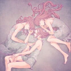  3girls a~chan blunt_bangs closed_eyes closed_mouth commentary_request curled_up full_body kashiyuka kaya_magnolia long_hair multiple_girls nocchi_(perfume) pajamas perfume_(band) pink_hair ponytail profile real_life short_hair 