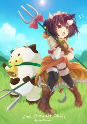  1girl bandana bell belt black_thighhighs blue_sky boots brown_boots brown_eyes brown_hair clothes_around_waist collar copyright_name cow cow_girl cow_horns cowbell emil_chronicle_online flying_sweatdrops frilled_hairband frills green_collar hairband holding holding_polearm holding_weapon horns iris_anemone jacket jacket_around_waist meadow momo_alma open_mouth orange_bandana orange_jacket polearm red_ribbon ribbon shirt shorts sky thigh-highs two_side_up weapon white_shirt white_shorts 