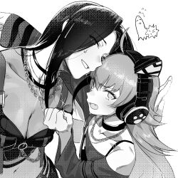 2girls animal_ear_headphones animal_ears bang_dream! breasts collar fake_animal_ears fang headphones highres hug jewelry large_breasts long_hair looking_at_viewer monochrome multiple_girls navel oikuze size_difference small_breasts stomach sweat tamade_chiyu upper_body wakana_rei 