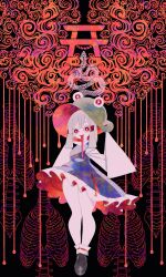  1girl absurdres acid_trip animal_print blonde_hair boku_(isizakitakasi) brown_hat frog frog_hair_ornament frog_print hair_ornament hat highres leaf_umbrella looking_at_viewer moriya's_iron_rings moriya_suwako onbashira purple_skirt purple_vest pyonta rope skeleton skirt snake snake_hair_ornament solo torii touhou vest wide_sleeves 