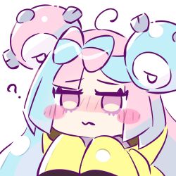 1girl ? blue_hair blush blush_stickers bow-shaped_hair character_hair_ornament chibi chibi_only closed_mouth foznya hair_ornament highres iono_(pokemon) long_hair long_sleeves looking_at_viewer multicolored_hair pink_eyes pink_hair pokemon pokemon_sv simple_background sleeves_past_fingers sleeves_past_wrists solo solo_focus two-tone_hair upper_body white_background