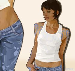  1girl arm_behind_back arm_tattoo artist_name black_hair black_nails breasts brown_eyes chest_tattoo denim drop_shadow earrings hand_in_pocket hand_tattoo highres hip_tattoo jeans jewelry law-chan looking_to_the_side lowleg lowleg_pants modeling mole mole_on_breast mole_on_cheek mole_on_neck mole_on_stomach multiple_views navel one_piece pants pixie_cut rabu99 tan tank_top tattoo thick_lips trafalgar_law white_background 