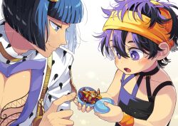  2boys aerosmith_(stand) aged_down black_hair black_tank_top blue_eyes blunt_bangs blush bob_cut bruno_bucciarati child commentary_request hair_ornament hairband highres jacket jojo_no_kimyou_na_bouken male_focus multiple_boys narancia_ghirga open_mouth orange_hairband pectoral_cleavage pectorals purple_hair short_hair smile stand_(jojo) tank_top time_paradox toy uppi vento_aureo violet_eyes white_jacket wristband zipper zipper_pull_tab 