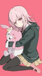  1girl blush blush_stickers bow brown_hair brown_skirt collared_shirt danganronpa_(series) danganronpa_2:_goodbye_despair diaper ear_bow flipped_hair hair_ornament highres hood hug jacket jiabingkele long_sleeves looking_at_viewer medium_hair monomi_(danganronpa) nanami_chiaki neck_ribbon open_clothes open_jacket pink_background pink_eyes pink_ribbon ribbon shirt simple_background sitting skirt thigh-highs white_shirt 