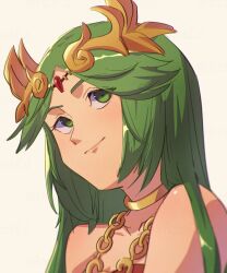  1girl azcbcd bare_shoulders chain closed_mouth gold_chain gold_choker green_eyes green_hair hair_ornament highres kid_icarus kid_icarus_uprising long_hair looking_up palutena smile solo upper_body 