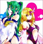  azm back-to-back blonde_hair blue_eyes breasts choker claws cleavage detached_sleeves feathers green_hair hair_over_one_eye harpie_girl harpie_queen harpy heart leotard long_hair lowres monster_girl multiple_girls ponytail smile underboob very_long_hair wings yu-gi-oh! yuu-gi-ou yuu-gi-ou_duel_monsters 