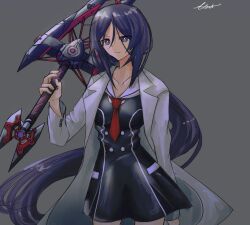  1girl absurdres breasts buttons chaos;child d-sword double-breasted dress_vest highres holding holding_sword holding_weapon huge_weapon kunosato_mio lab_coat long_hair long_sidelocks long_sleeves looking_at_viewer medium_breasts miniskirt necktie over_shoulder ponytail purple_hair red_necktie ringed_eyes sailor_collar science_adventure short_necktie sidelocks skirt smile solo sword sword_over_shoulder thighs tsubodi1212 very_long_hair violet_eyes weapon weapon_over_shoulder white_sailor_collar 