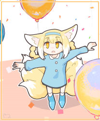  1girl alternate_costume animal_ears arknights balloon blonde_hair blue_hairband commentary confetti fox_ears fox_girl fox_tail hairband highres keirono kitsune multiple_tails solo suzuran_(arknights) tail 