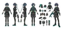  1boy absurdres ahoge alternate_costume ammunition_pouch aqua_headband arm_tattoo belt_pouch black_boots black_gloves black_hair black_leggings boots braid buckle closed_mouth cropped_arms cropped_jacket crossed_bangs earrings expressionless from_behind full_body genshin_impact geo_symbol_(genshin_impact) gloves grappling_hook green_eyes green_headband grey_jacket grey_shorts gun handgun headband headset highres holding holding_gun holding_weapon holster hood hooded_jacket hook hoyofair jacket jewelry kinich_(genshin_impact) knife_sheath leggings load_bearing_equipment magazine_(weapon) multiple_views neck_tattoo pda pouch reference_sheet seallllion sheath short_hair short_sleeves shorts side_braid simple_background snap-fit_buckle spiked_ear_piercing standing straight-on submachine_gun tactical_clothes tattoo turnaround vertical_foregrip walkie-talkie watch watch weapon weapon_request white_background zipper zipper_pull_tab 