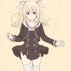  1girl :&lt; arimura_hinae arms_up black_vest blonde_hair blue_eyes blush chaos;child cropped_jacket dress dress_vest hair_ribbon hekiho_academy_school_uniform hip_focus long_hair long_sleeves looking_at_viewer lowres nekoyashiki_08 ribbon sailor_collar school_uniform science_adventure simple_background skirt solo thigh-highs thighs twintails two_side_up vest white_hold white_sailor_collar white_thighhighs white_trim zettai_ryouiki 