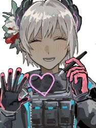  1girl :d ^_^ arknights black_gloves black_jacket chinese_commentary closed_eyes commentary_request dark-skinned_female dark_skin facing_viewer gloves grey_hair heart highres holding holding_marker jacket kriiiiiii1304 light_blush long_sleeves lower_teeth_only marker open_mouth pink_gloves raidian_(arknights) short_hair simple_background smile solo teeth upper_body white_background 
