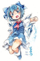  1girl blue_boots blue_bow blue_dress blue_eyes blue_hair blush boots bow character_name cirno commentary_request dated dress full_body hair_bow highres ice ice_wings kibayashi_kimori multiple_hair_bows neckerchief one-hour_drawing_challenge open_mouth pointing pointing_at_viewer puffy_short_sleeves puffy_sleeves red_neckerchief short_hair short_sleeves signature simple_background solo touhou white_background wings 