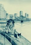  cat city green kneeling monochrome murasaki-no twintails 