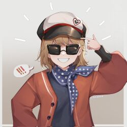  ! !! 1girl blue_dress blue_neckerchief brown_hair dress eni_(eniwave) eyes_visible_through_eyewear glint grey_background grin hand_up hat highres index_finger_raised jacket long_sleeves looking_at_viewer neckerchief newsboy_cap notice_lines open_clothes open_jacket pointing pointing_at_self polka_dot_necktie puffy_long_sleeves puffy_sleeves red_jacket regulus_(reverse:1999) reverse:1999 short_hair smile solo speech_bubble spoken_exclamation_mark sunglasses teeth upper_body 