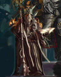  2boys alternare_universe club_(weapon) highres iron_warriors kim_chan light_persona lorgar_aurelian male_focus multiple_boys primarch spiked_club tiara warhammer_40k weapon word_bearers 