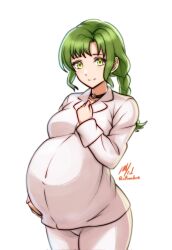  1girl alternate_breast_size_(larger) black_choker braid breasts choker covered_navel cross cross_necklace fire_emblem green_eyes green_hair hand_on_own_chest hand_on_own_stomach highres jewelry medium_breasts medium_hair necklace pajamas pants pregnant rotomdocs shirt smile vanessa_(fire_emblem) white_background white_pants white_shirt 