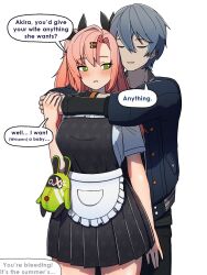  1boy 1girl dorahdew from_behind hug long_hair nicole_demara short_hair wise_(zenless_zone_zero) zenless_zone_zero 