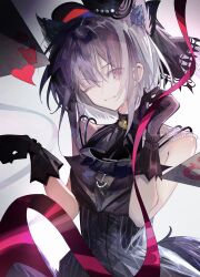  1girl :3 absurdres animal_ears arknights ascot bang_dream! bang_dream!_it&#039;s_mygo!!!!! bare_shoulders black_ascot black_dress black_gloves black_hat card cat_ears cat_girl chinese_commentary closed_mouth commentary_request cowboy_shot dress gloves hands_up hat heart highres looking_at_viewer lossting one_eye_closed paw_pose playing_card purple_hair ribbon short_hair smile solo violet_eyes yuutenji_nyamu yuutenji_nyamu_(magician_of_passion) 