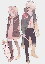  1boy 1girl black_pants black_thighhighs blush bow brown_hair brown_skirt danganronpa_(series) danganronpa_2:_goodbye_despair diaper ear_bow green_jacket grey_hair hair_over_one_eye highres hinata_hajime holding holding_knife jacket knife matatatatabi miniskirt monomi_(danganronpa) nanami_chiaki open_clothes open_jacket open_mouth pants pink_bag print_shirt shirt short_hair simple_background skirt tears thigh-highs white_shirt 