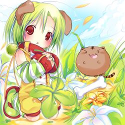 >:3 1girl 1other 2000s_(style) :o ahoge animal animal_ears bare_shoulders bell bell_collar blue_sky blush bone canihavepromo cat cloud clouds clover collar detached_sleeves dog_collar dog_ears dog_girl droplet female female_child flower four-leaf_clover grass green_hair green_shoes hands_clasped hands_together highres leaf leg_warmers loli looking_at_viewer open_mouth pale_skin plant red_collar red_eyes shoes short_hair shorts sky sleeveless striped striped_legwear striped_sleeves water white_flower yellow_flower yellow_shorts