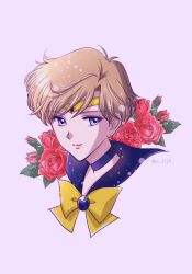  1girl bishoujo_senshi_sailor_moon blonde_hair blue_brooch blue_choker blue_eyes blue_sailor_collar bow bowtie choker highres sailor_collar sailor_senshi_uniform sailor_uranus short_hair simple_background solo ten'ou_haruka white_background y-yazaki2406 yellow_bow yellow_bowtie 