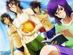  beach book glasses gundam gundam_00 haro highres lockon_stratos official_art scan setsuna_f_seiei tieria_erde 