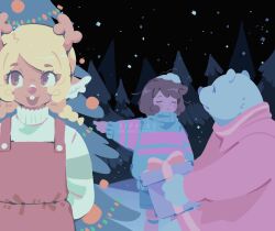  animal_ears antlers bear_ears blonde_hair blue_shorts blue_sweater box braid brown_hair closed_eyes commentary deer_antlers deer_ears deer_girl english_commentary frisk_(undertale) gift gift_bear gift_box highres holding holding_gift horns long_hair noelle_holiday open_mouth overalls pointing red_overalls short_hair shorts smile snow snow_on_head snowing sweater turtleneck turtleneck_sweater twin_braids undertale utdr_(toby_fox) white_sweater zipsunz 