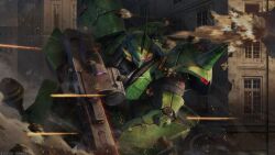  absurdres battle building cable damaged debris destruction dust_cloud gatling_gun gundam gundam_battle_operation_2 gundam_msv highres kampfer_(mobile_suit) kampfer_prototype machinery mecha mecha_focus mobile_suit official_art one-eyed painting_(medium) panzerfaust realistic robot scan science_fiction shoulder_spikes spikes tenjin_hidetaka traditional_media zeon 