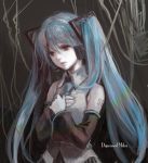  bad_id brown_eyes cable green_hair gyomin hatsune_miku long_hair necktie sad solo twintails vocaloid 