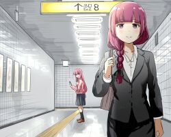  2girls black_jacket black_skirt black_socks blue_eyes bocchi_the_rock! braid brown_shoes ceiling_light cellphone commentary_request exit_sign fluorescent_lamp gotoh_hitori hair_over_shoulder hallway hiroi_kikuri holding holding_phone indoors jacket lapels loafers long_hair long_sleeves looking_at_another multiple_girls notched_lapels office_lady one_side_up pencil_skirt phone pink_jacket pleated_skirt poster_(object) shirt shoes sign single_braid skirt smartphone smile socks subway_station tactile_paving the_exit_8 tile_floor tile_wall tiles torako_(toramaru) track_jacket tunnel vent_(object) violet_eyes white_shirt 
