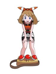  1girl :d bag bike_shorts bike_shorts_under_shorts blue_eyes bow_hairband brown_hair chinese_commentary collarbone commentary_request eyelashes hairband hands_on_own_thighs happy highres looking_down may_(pokemon) medium_hair open_mouth poke_ball poke_ball_(basic) pokemon pokemon_oras red_hairband red_shirt shi_ye_ling shirt short_shorts shorts simple_background sleeveless sleeveless_shirt smile solo squatting teeth upper_teeth_only white_background 