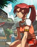  bottle city cloud clouds highres omar_dogan ponytail red_hair redhead shorts sky smile yellow_eyes 