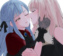  2girls ascot bang_dream! bang_dream!_it's_mygo!!!!! black_ascot black_dress black_ribbon blonde_hair blue_brooch blue_hair buttons closed_eyes clothing_cutout collared_shirt doloris_(bang_dream!) dress earrings gloves grabbing_another's_arm grey_gloves hair_ribbon half-closed_eye hand_on_another's_arm hand_on_another's_cheek hand_on_another's_face hand_on_another's_neck highres imminent_kiss jewelry light_blush long_hair medium_hair miomujica misumi_uika multiple_girls oblivionis_(bang_dream!) one_eye_closed open_mouth parted_lips puffy_short_sleeves puffy_sleeves red_shirt ribbon shirt short_sleeves shoulder_cutout togawa_sakiko yellow_eyes yuri 