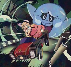  1girl :o bandana black_eyes blonde_hair blue_eyes boohemoth car chasing commentary dark driving earrings film_reel floating hat highres jewelry long_skirt looking_back mario_kart mario_kart_world midair motor_vehicle official_alternate_costume open_mouth pink_bandana pink_skirt princess_peach princess_peach_(vacation) shimadai587779 shirt skirt smile sun_hat super_mario_bros. teeth tongue tongue_out upper_teeth_only white_hat white_shirt 
