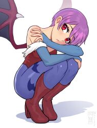  1girl absurdres animal_print bat_print bat_wings boots bridal_gauntlets closed_mouth darkstalkers english_commentary high_heel_boots high_heels highres leotard lilith_(darkstalkers) looking_at_viewer pantyhose print_pantyhose purple_hair red_boots red_eyes red_leotard short_hair solo squatting watcher_hollow white_background wings 