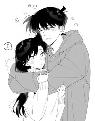  1boy 1girl blush closed_eyes closed_mouth commentary edogawa_conan greyscale hair_between_eyes highres hood hoodie hug long_hair malak_(malaktota20) meitantei_conan monochrome mouri_ran short_hair simple_background sweater symbol-only_commentary turtleneck turtleneck_sweater upper_body 