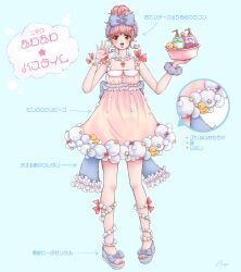  1girl absurdres an_(tsubu_td) arrow_(symbol) back_bow bare_shoulders beads blue_background blue_bow blue_choker blue_hairband blue_ribbon blue_sandals blue_scrunchie bow bow_hairband bow_legwear bracelet buttons character_name choker close-up commentary_request dress footwear_bow frilled_bow frills full_body hair_beads hair_bun hair_ornament hairband happy highres holding jewelry leg_ribbon nikki_(nikki) nikki_(series) original pink_bow pink_dress pink_hair platform_sandals polka_dot polka_dot_scrunchie reference_sheet ribbon rubber_duck sandals scrunchie shining_nikki short_dress short_hair simple_background single_hair_bun sleeveless sleeveless_dress soap_bottle solo standing straight-on translation_request updo waving wrist_bow wrist_scrunchie 