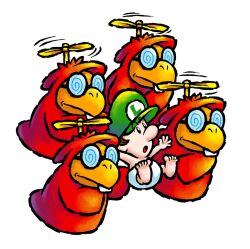  5boys baby baby_luigi coke-bottle_glasses diaper glasses green_hat hat luigi multiple_boys nakagawa_yasuhisa official_art propeller red_robe robe round_eyewear simple_background single_tooth super_mario_bros. third-party_source toadie white_background yoshi's_island_ds 