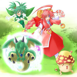  2girls ahoge arms_up braid claws closed_eyes commentary_request curled_horns dragon dress elbow_gloves fairy flying giyanbi_(shinrabanshou) gloves grass green_shirt green_thighhighs hair_bobbles hair_ornament heart holding holding_ofuda horns huge_ahoge japanese_clothes kageyama_shinobi konoha_(shinrabanshou) layered_sleeves leaf_wings long_hair long_sidelocks long_sleeves looking_at_another looking_at_viewer mini_person minigirl multiple_girls mushroo_(shinrabanshou) mushroom ofuda one_eye_closed open_mouth outdoors pink_bloom_miyabi pink_hair pointy_ears red_dress ring_hair_ornament shinrabanshou shirt short_over_long_sleeves short_sleeves sidelocks single_braid skirt smile standing thigh-highs twintails very_long_hair violet_eyes white_gloves white_shirt white_skirt wings 