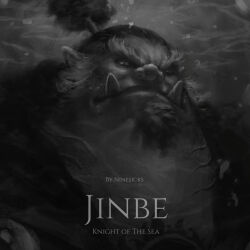  1boy artist_name black_hair character_name closed_mouth commentary english_commentary english_text facial_hair fish_boy goatee greyscale high_ponytail highres jinbe_(one_piece) long_hair looking_at_viewer male_focus monochrome nathaniel_himawan one_piece pointy_ears ponytail realistic solo submerged underwater 