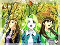  3girls brown_eyes brown_hair d dual!_parallel_trouble_adventure green_hair hairband leaf leaves long_hair outdoors purple_eyes rara_mitsuki sanada_mitsuki violet_eyes 