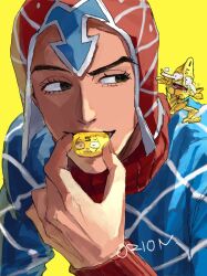  1boy black_eyes commentary_request crying eating food foodification guido_mista hat holding holding_food jojo_no_kimyou_na_bouken long_sleeves looking_to_the_side male_focus orion_on_rio portrait sex_pistols_(stand) signature smile stand_(jojo) sweater tears vento_aureo yellow_background 