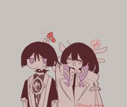  1boy 1girl angel_wings arm_up arms_at_sides blunt_ends blunt_tresses bodysuit bow bowtie clenched_hand closed_eyes closed_mouth coat columbina_(genshin_impact) eye_mask eyes_visible_through_eyewear facing_another fatui_coat flower flower_on_head fur-trimmed_coat fur_collar fur_trim genshin_impact grey_background hair_ribbon hatching_(texture) head_wings highres holding holding_flower japanese_clothes jewelry jitome kimono lapels layered_sleeves light_blush linear_hatching long_hair looking_at_another mandarin_collar mitsudomoe_(shape) multiple_wings musical_note neck_ring notice_lines open_mouth purple_hair ribbon scaramouche_(genshin_impact) sepia short_sleeves sketch spoken_musical_note spot_color sweatdrop tomoe_(symbol) tress_ribbon twitter_username umigasa violet_eyes wings winter_clothes winter_coat 