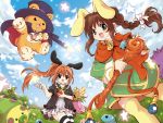   800x600 animal_ears apple bear braid brown_hair rabbit_ears clouds emil_chronicle_online open_mouth ponytail sky staff stars striped_thighhighs thigh-highs top_hat  