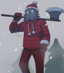 1boy axe beanie coat commentary english_commentary glasses hand_in_pocket hat holding holding_axe lumberjack_(undertale) male_focus marriedtochilde mittens opaque_glasses pants plaid_clothes plaid_coat plaid_hat pom_pom_(clothes) pom_pom_beanie red_hat red_mittens red_pants round_eyewear signature snowing solo undertale utdr_(toby_fox)