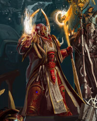  3boys absurdres adeptus_astartes armor book highres kim_chan lorgar_aurelian magnus_the_red multiple_boys primarch red_armor thousand_sons titan_(warhammer_40k) warhammer_40k word_bearers 