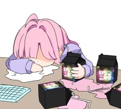  1girl ahoge anyoji_hime anyoji_hime_(winter_loungewear) commentary_request computer_keyboard desk drinking_straw faceless faceless_female gaming_strawberry_milk_(love_live!) highres hood hoodie link!_like!_love_live! long_hair love_live! milk_carton official_alternate_costume pink_hair purple_hoodie sen_yousoro simple_background sleeping sleeping_on_desk solo strawberry_milk virtual_youtuber white_background 