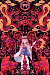  1girl absurdres bird blonde_hair boku_(isizakitakasi) bright_pupils clouds crane_(animal) frog grey_hat hat highres long_hair long_sleeves long_tongue moriya_suwako purple_skirt purple_vest red_eyes red_theme skirt snake solo tongue torii touhou vest white_pupils wide_shot wide_sleeves 